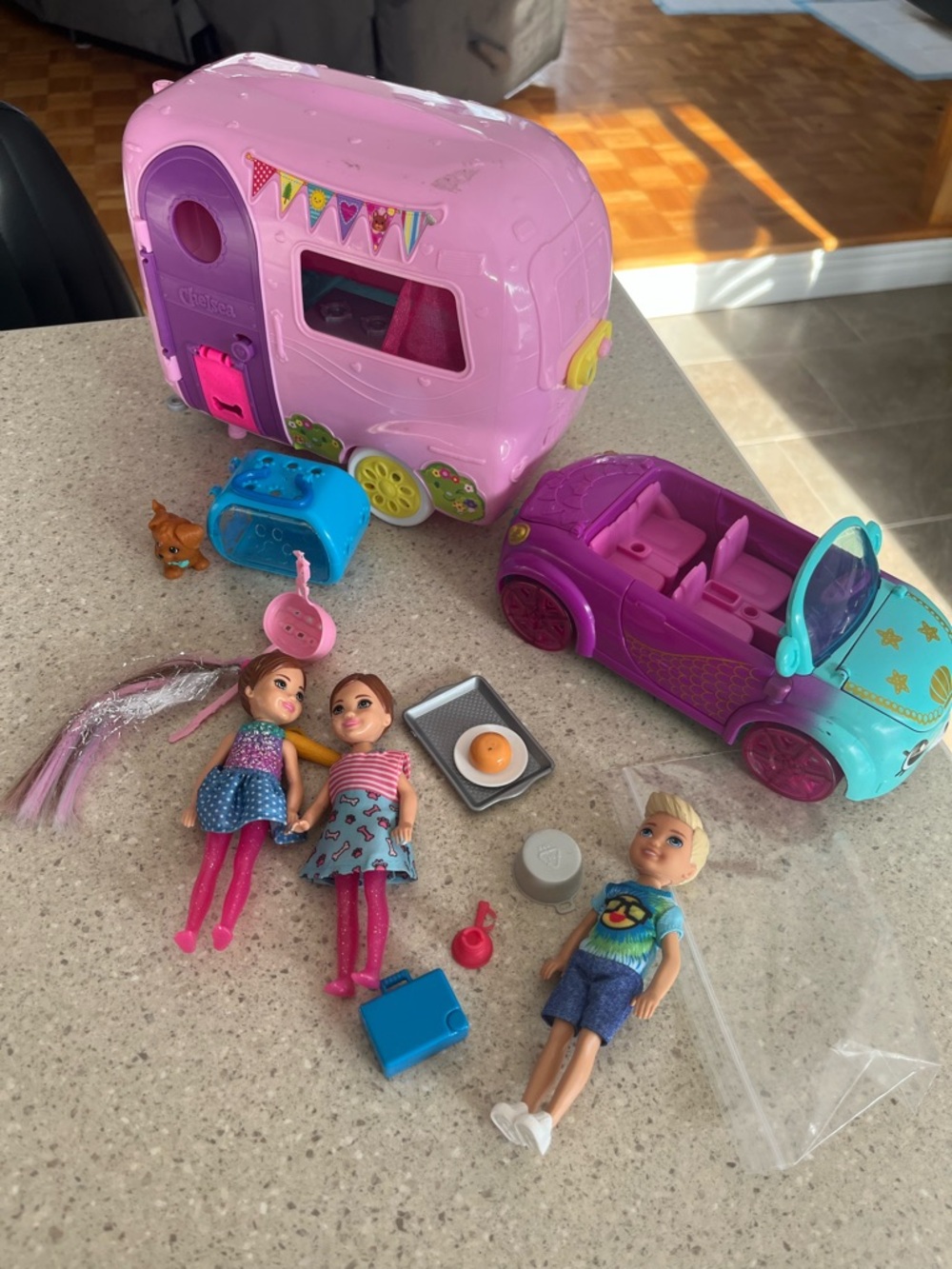 Pink Play Camper and Convertible Car Toy Set with Dolls